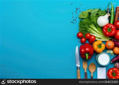 Fresh vegetables on blue background with copy space. Healthy food concept.
