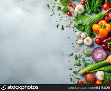Fresh vegetables on grey background. Top view with space for your text
