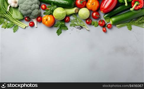 Fresh vegetables on grey background. Top view with space for your text