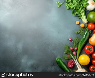 Fresh vegetables on grey table, space for text. Healthy food background