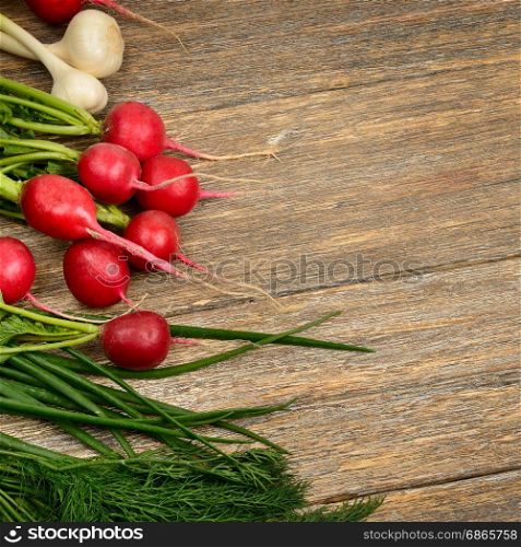 Fresh vegetables on wooden table. Radish, onion, garlic, dill on wooden background. Top view.
