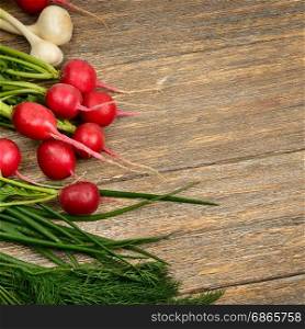 Fresh vegetables on wooden table. Radish, onion, garlic, dill on wooden background. Top view.