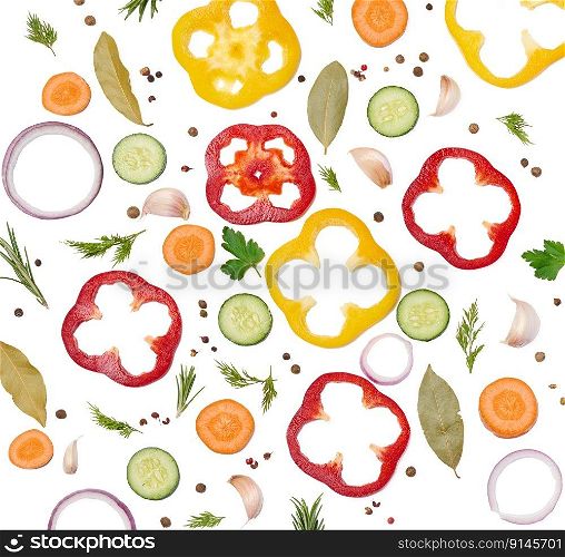 Fresh vegetables, onion, carrot, yellow and red bell peppers, a bunch of rosemary on a white isolated background. Sliced vegetables