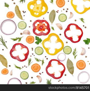 Fresh vegetables, onion, carrot, yellow and red bell peppers, a bunch of rosemary on a white isolated background. Sliced vegetables