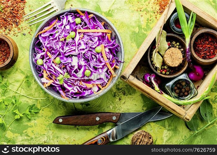 Fresh vegetables salad with purple cabbage and carrot.Coleslaw salad. Coleslaw salad of red cabbage