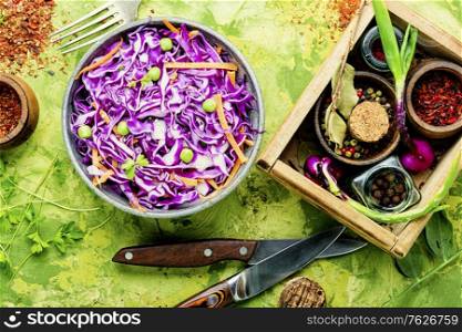 Fresh vegetables salad with purple cabbage and carrot.Coleslaw salad. Coleslaw salad of red cabbage