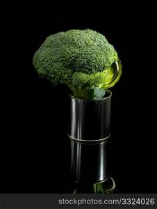 fresh vivid green broccoli on a tin can over black background