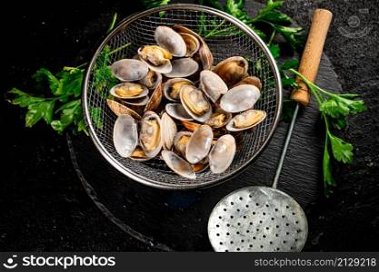 Fresh vongole in a colander on a stone board with parsley. On a black background. High quality photo. Fresh vongole in a colander on a stone board with parsley.