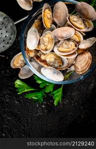 Fresh vongole in a glass bowl with parsley. On a black background. High quality photo. Fresh vongole in a glass bowl with parsley.