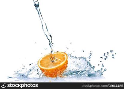 fresh water drops on orange isolated on white