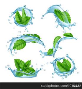 Fresh water mint. Liquid splashes with green menthol leaf for drink vector realistic collection. Illustration of menthol leaf and mint fresh. Fresh water mint. Liquid splashes with green menthol leaf for drink vector realistic collection