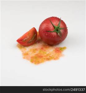 fresh wet tomatoes on a white background. sliced tomatoes with pulp. tomatoes on a white background