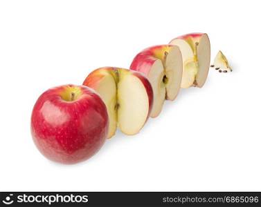Fresh whole apple, cut in a half,three-quarter, quarter, up to zero isolated on white backgroundConcept of the decreasing, reduction or subsidence and stages of a process