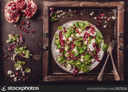 fresh winter salad with pomegranate seeds, lamb's lettuce and radicchio