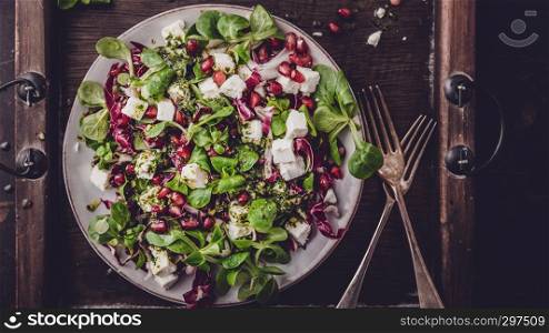 fresh winter salad with pomegranate seeds, lamb's lettuce and radicchio