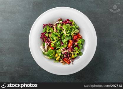 fresh winter spring salad on a grey background, top view