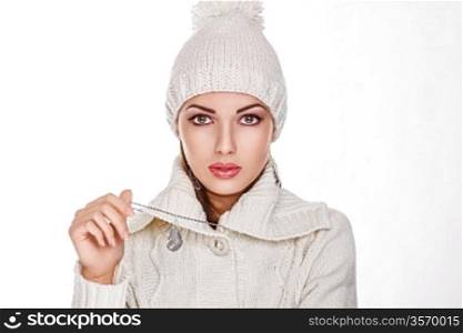 Fresh Woman Face in White Knitted Cap - Winter Style