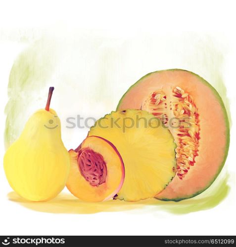 Fresh yellow fruits watercolor. Fresh fruits watercolor