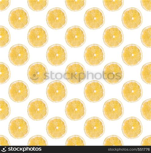 Fresh yellow lemon slices seamless pattern. Close up of citrus fruit background. Studio photography.. Background of fresh yellow lemon slices. Seamless pattern. Close up. Studio photography.