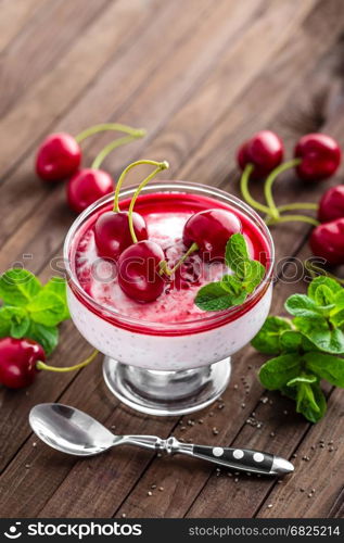 Fresh yogurt with cherry and chia seeds, delicious dessert for healthy breakfast