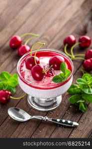 Fresh yogurt with cherry and chia seeds, delicious dessert for healthy breakfast