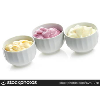 Fresh Yogurts Assortment In White Bowls