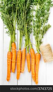 Fresh young carrots with green tops on a white rustic wooden table with a decorative rope. Young rustic carrots on white boards