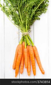 Fresh young carrots with green tops on a white rustic wooden table. Young rustic carrots on white boards
