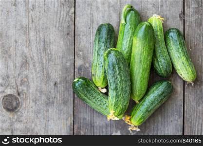 fresh young cucumbers on wooden background