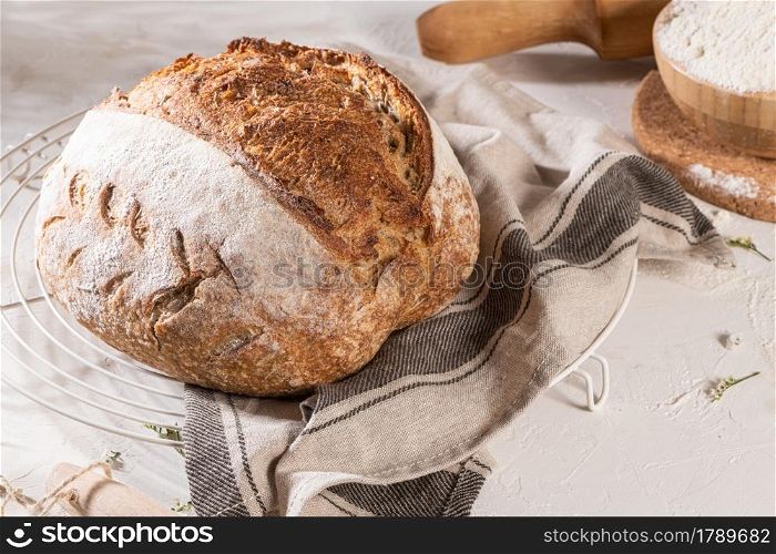 Freshly artisan baked wheat and rye bread, country bread. Simple bread for breakfast