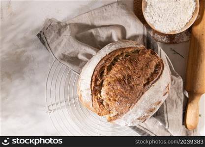 Freshly artisan baked wheat and rye bread, country bread. Simple bread for breakfast