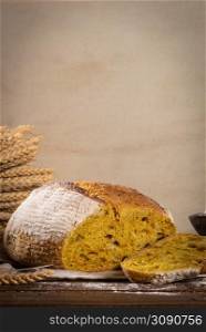 Freshly artisan baked wheat, turmeric and rye bread, country bread. Simple bread for breakfast