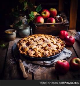 Freshly baked Apple Pie on a rustic table. Generative AI