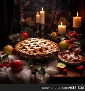 Freshly baked Apple Pie on a rustic table. Generative AI