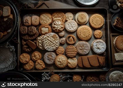 Freshly baked biscuits with lots of decoration on a baking tray created with generative AI technology