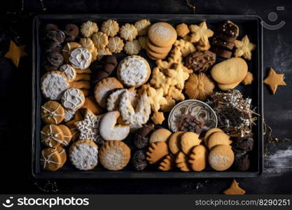 Freshly baked biscuits with lots of decoration on a baking tray created with generative AI technology