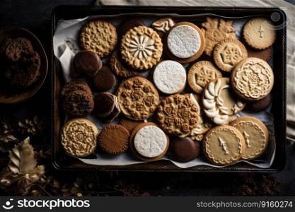 Freshly baked biscuits with lots of decoration on a baking tray created with generative AI technology