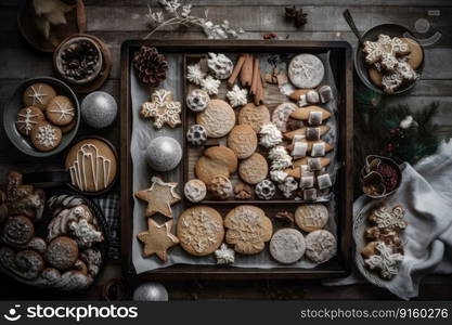 Freshly baked biscuits with lots of decoration on a baking tray created with generative AI technology