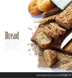 Freshly baked bread on white background. With easy removable sample text