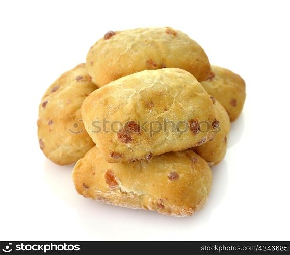 Freshly baked bread rolls on white background