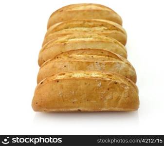 Freshly baked french bread loaves on white background