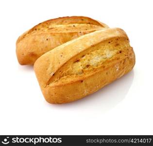Freshly baked french bread loaves on white background