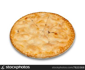 Freshly baked hot apple pie isolated against white with path