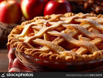 Freshly baked sweet apple pie with red raw apples.AI Generative