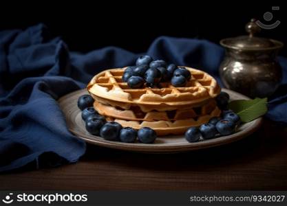 Freshly baked waffles with blueberries on plate, morning breakfast. Generative AI