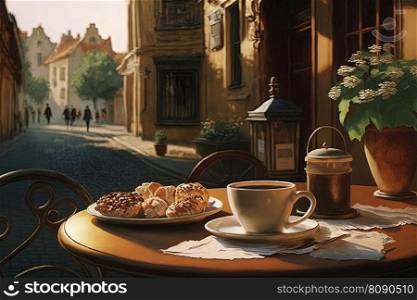 Freshly brewed coffee and delicious breakfast spread on table, peaceful morning view street cafe in Europe in background. Charming atmosphere of cafe in spring or summer season. Generative AI. Morning Breakfast at European Street Cafe. Generative AI