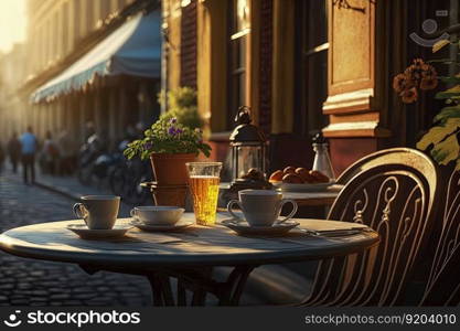 Freshly brewed coffee and delicious breakfast spread on table, peaceful morning view street cafe in Europe in background. Charming atmosphere of cafe in spring or summer season. Generative AI. Morning Breakfast at European Street Cafe. Generative AI