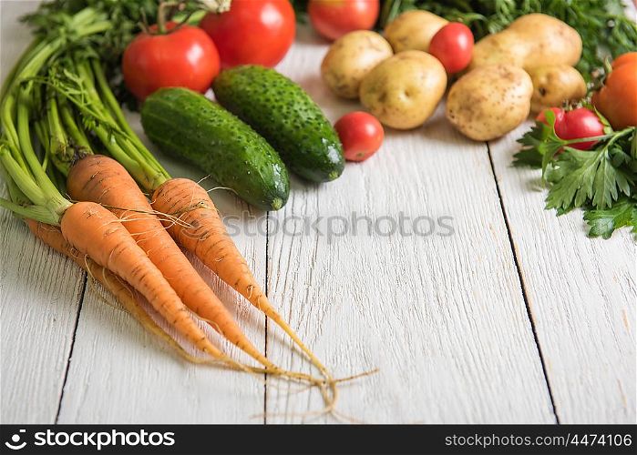 freshly grown raw vegetables. Close up of various freshly grown raw vegetables