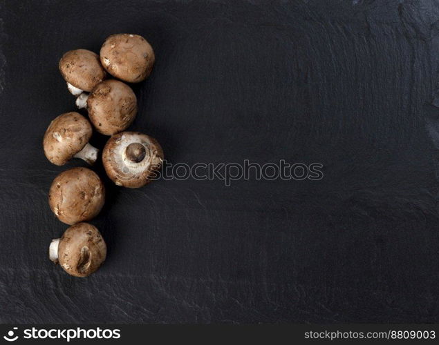 Freshly harvested champignon mushrooms on dark stone background