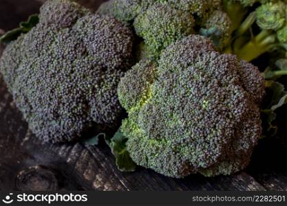 Freshly harvested organic Barese broccoli, on black wooden background